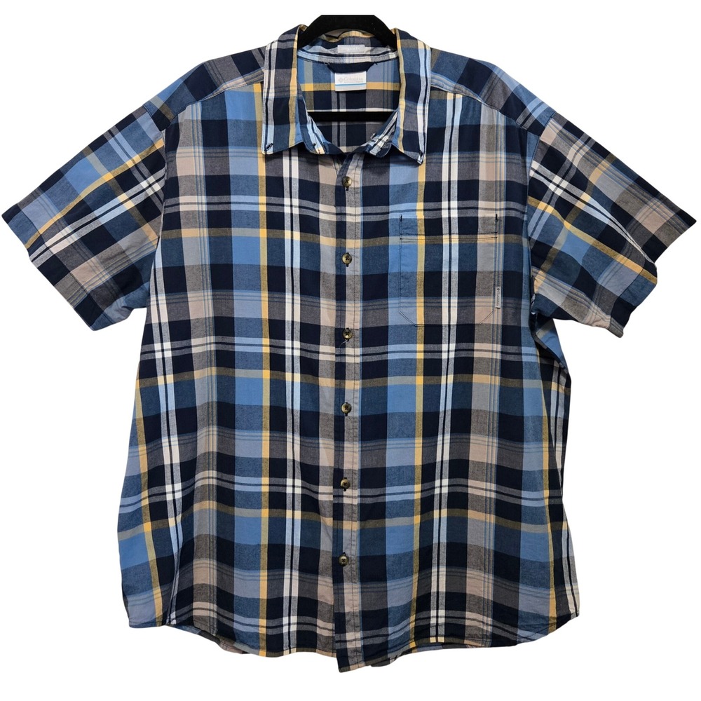 Columbia Mens XL Blue Yellow Plaid Short Sleeve Button Up Shirt Regular Fit